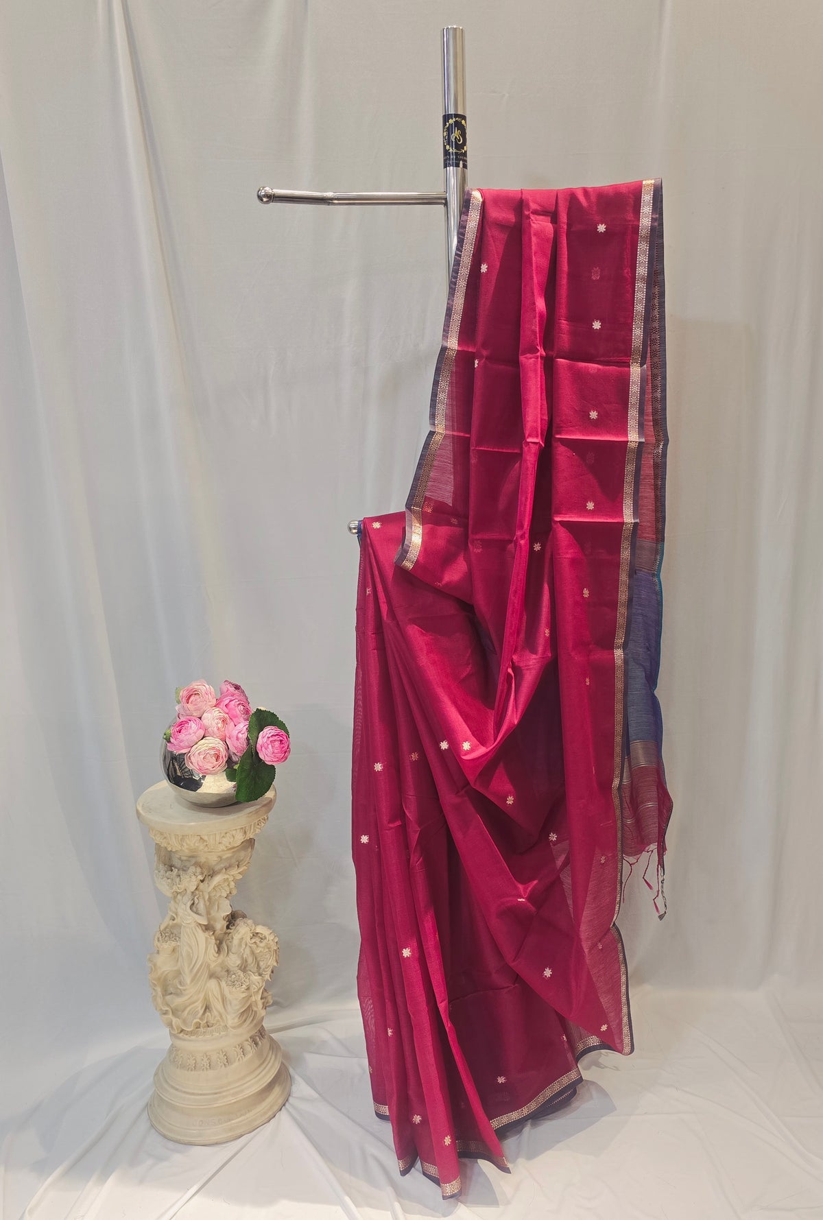 Raspberry Wine Cotton Maheshwari Saree with Star Flower Buti