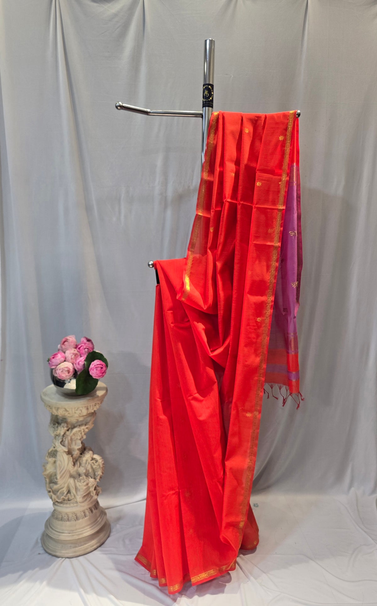 Orange Cotton Maheshwari Saree with Star Flower Buti