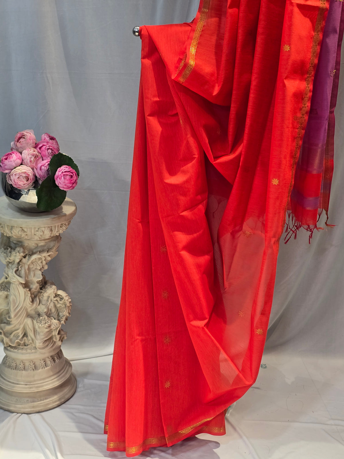 Orange Cotton Maheshwari Saree with Star Flower Buti