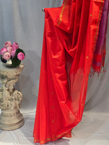 Orange Cotton Maheshwari Saree with Star Flower Buti