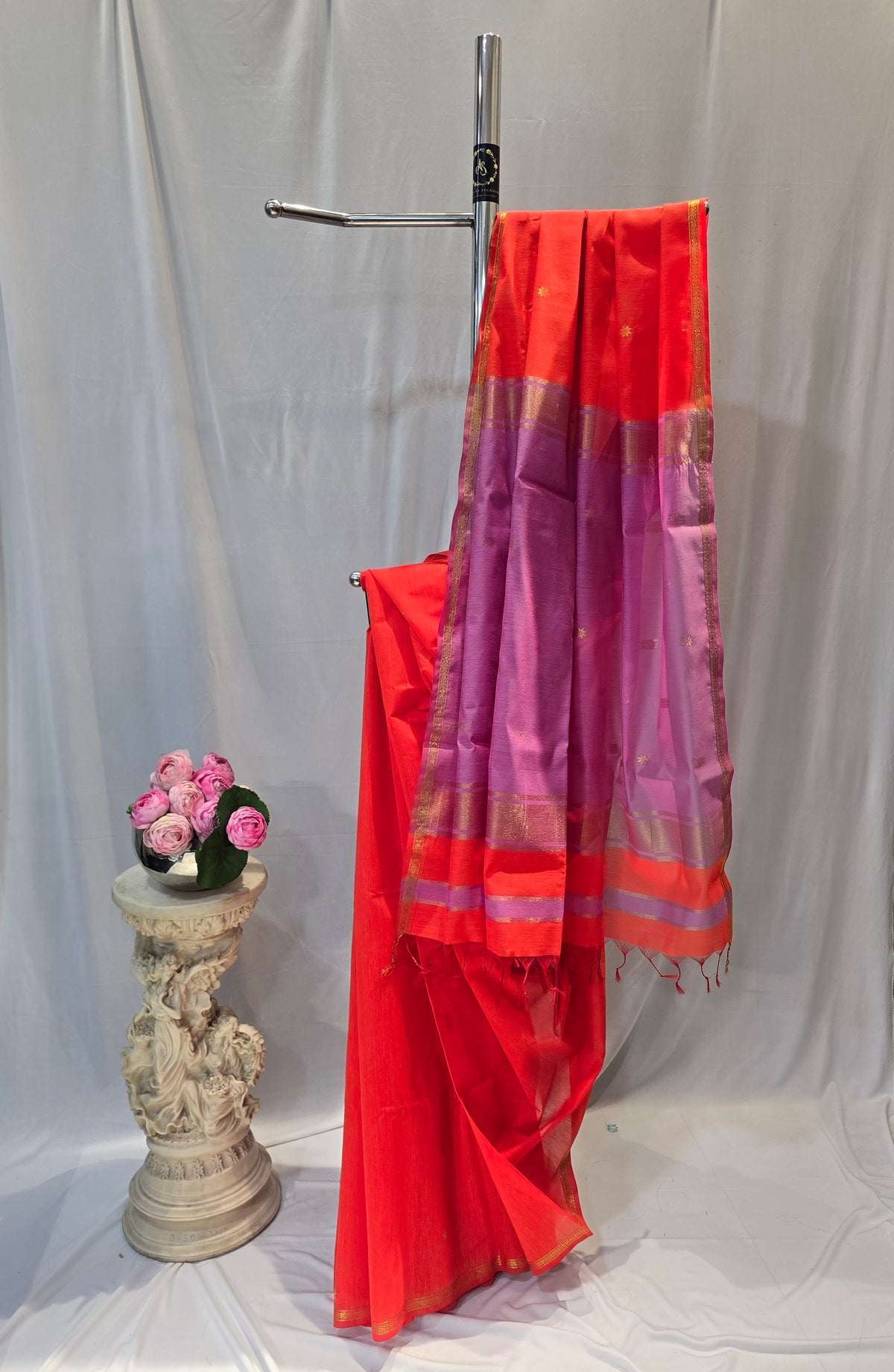 Orange Cotton Maheshwari Saree with Star Flower Buti
