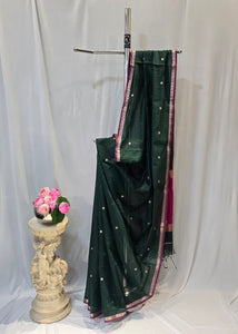 Bottle Green Cotton Maheshwari Saree with Star Flower Buti
