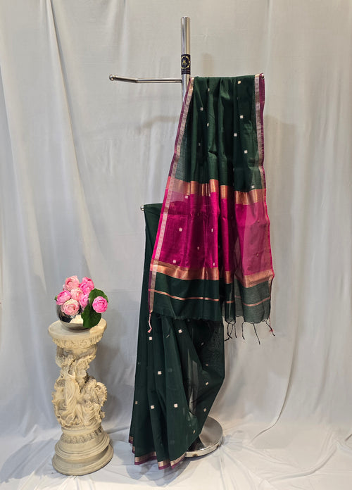 Bottle Green Cotton Maheshwari Saree with Star Flower Buti