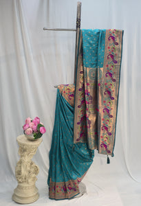 Peacock Green Soft Silk Saree with Flower Butti & Mor Border