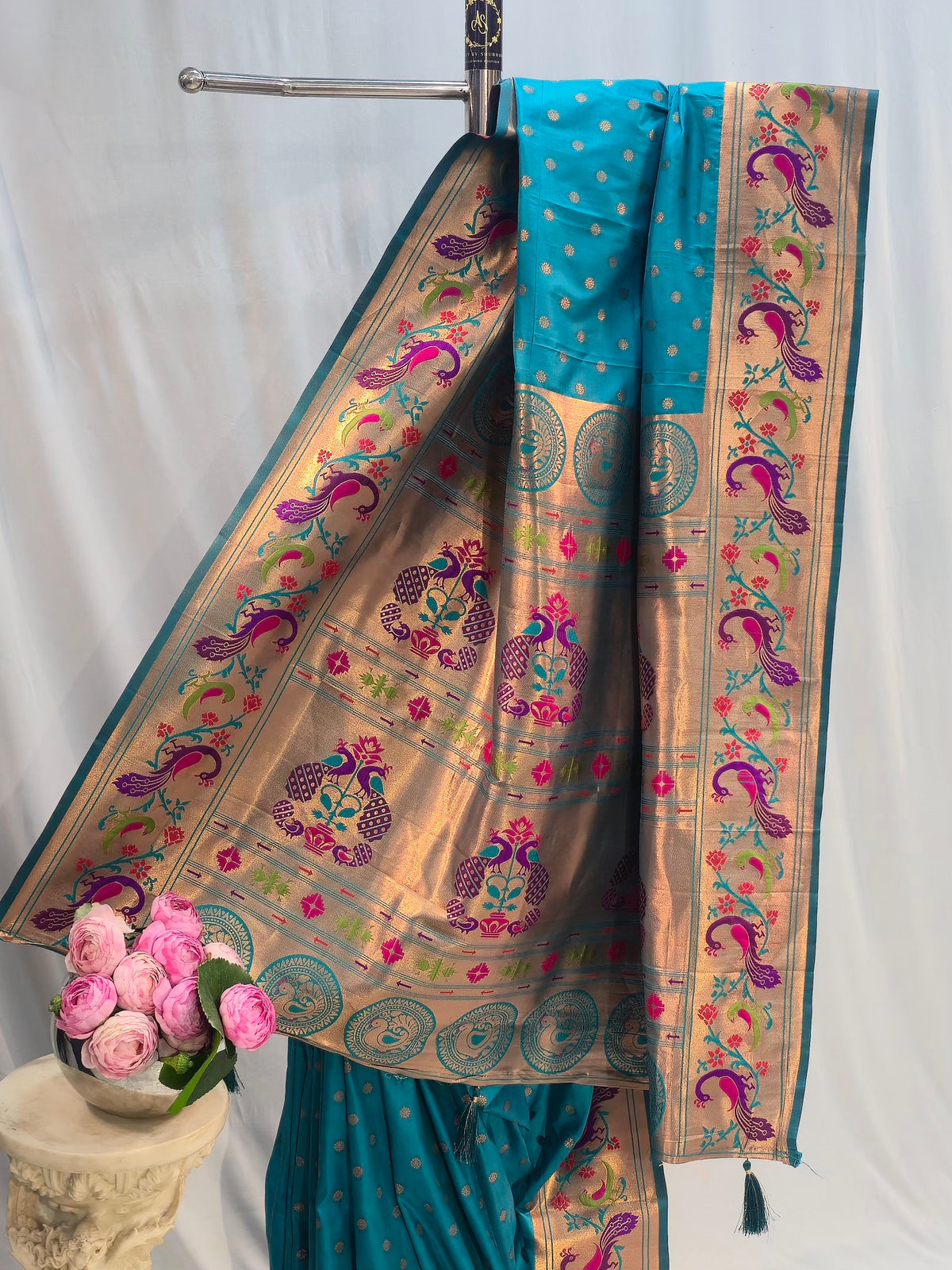 Peacock Green Soft Silk Saree with Flower Butti & Mor Border