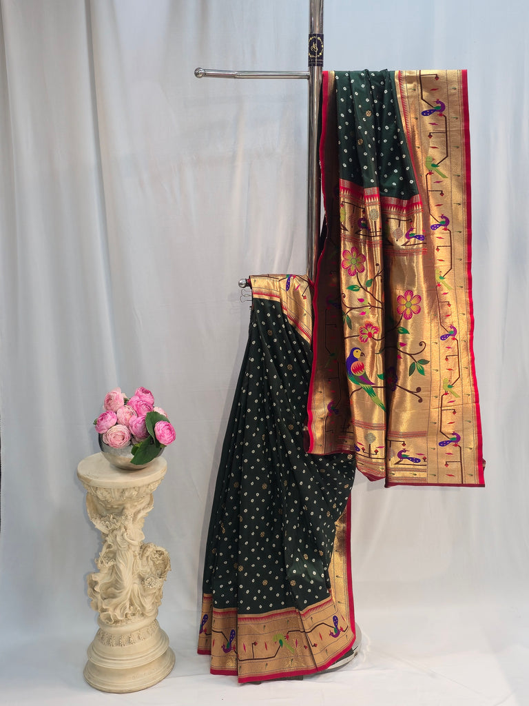 Mehendi Green Soft Silk Saree with Bandhani & Mor Popat Border