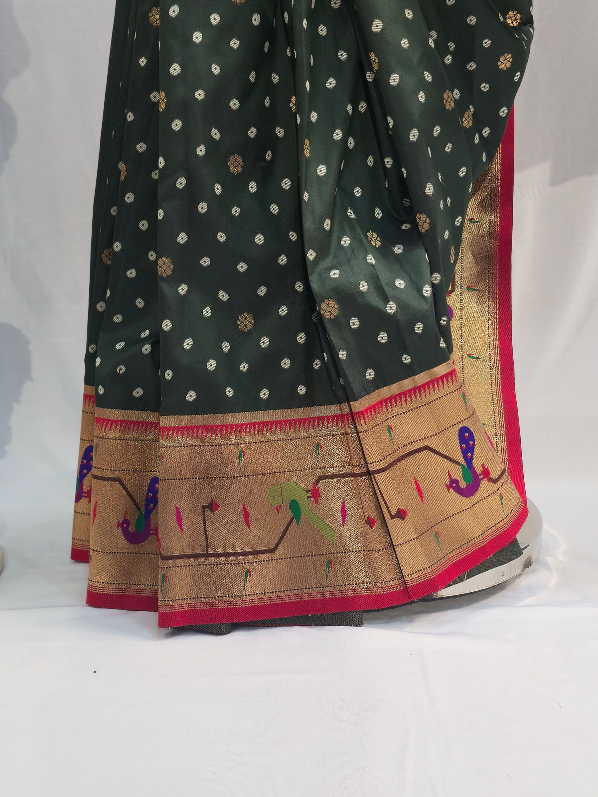 Mehendi Green Soft Silk Saree with Bandhani & Mor Popat Border