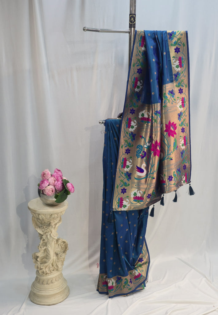Peacock Blue Soft Silk Saree with Flower Butti & Rajhans Border