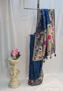 Peacock Blue Soft Silk Saree with Flower Butti & Rajhans Border