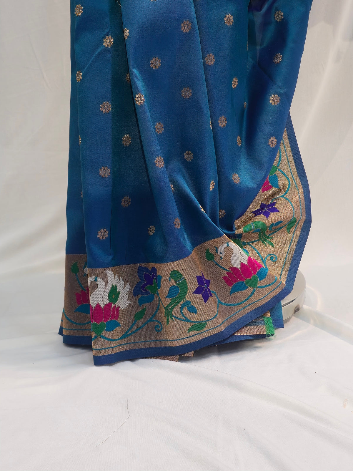 Peacock Blue Soft Silk Saree with Flower Butti & Rajhans Border