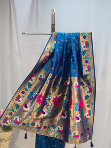 Peacock Blue Soft Silk Saree with Flower Butti & Rajhans Border