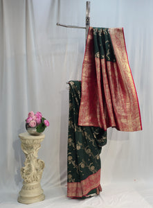 Bottle Green Soft Silk Saree with Floral Jaal & Fancy Border