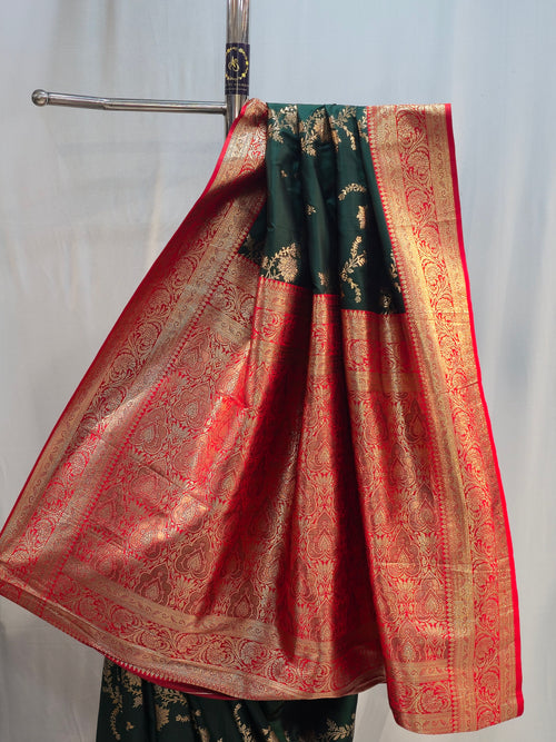 Bottle Green Soft Silk Saree with Floral Jaal & Fancy Border