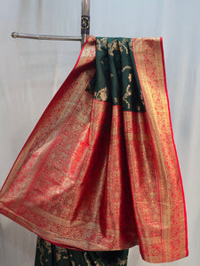 Bottle Green Soft Silk Saree with Floral Jaal & Fancy Border