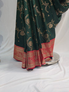 Bottle Green Soft Silk Saree with Floral Jaal & Fancy Border
