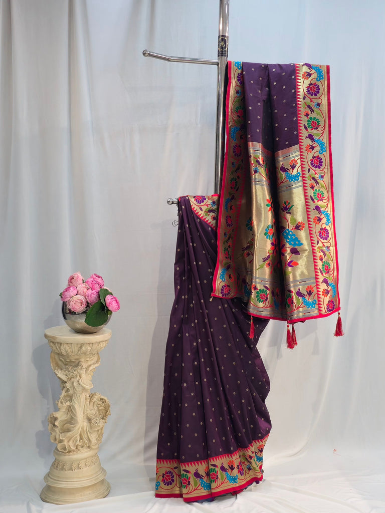 Wine Soft Silk Saree with Flower Butti & Mor Popat Border