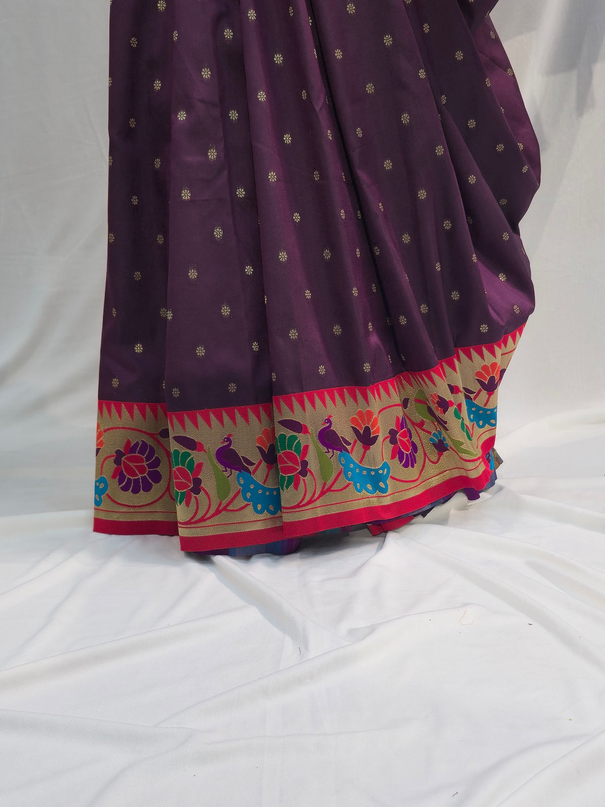 Wine Soft Silk Saree with Flower Butti & Mor Popat Border