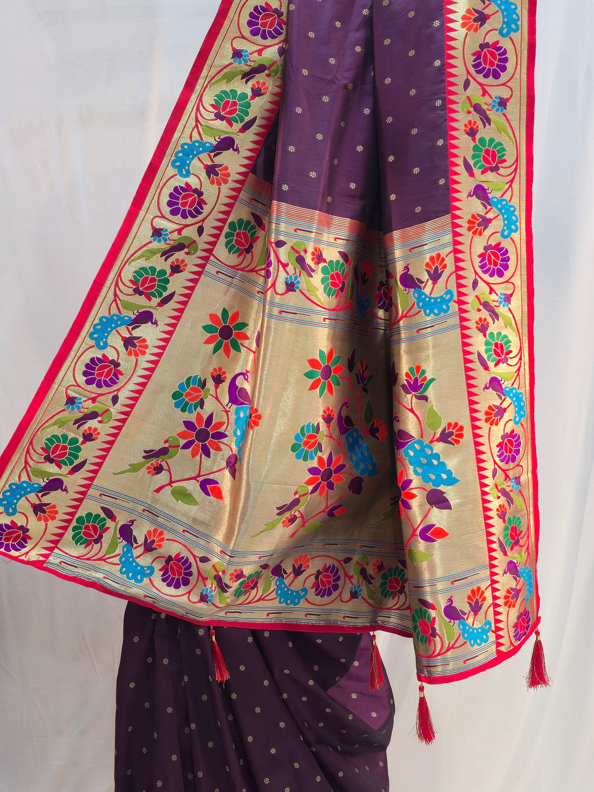 Wine Soft Silk Saree with Flower Butti & Mor Popat Border