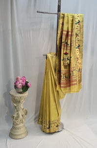 Yellow Soft Silk Tissue Bangdi Mor Paithani Saree