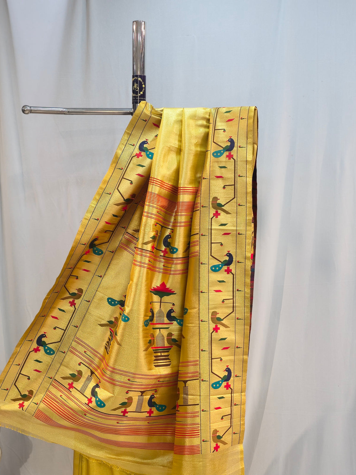 Yellow Soft Silk Tissue Bangdi Mor Paithani Saree