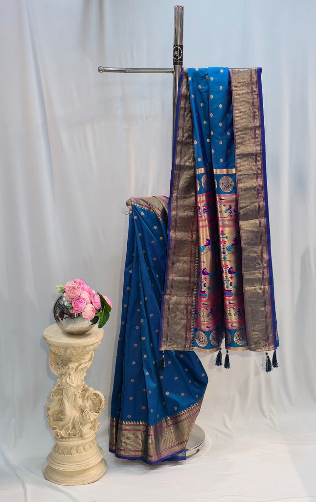 Peacock Blue Soft Silk Saree with Flower Butti & Narali Border