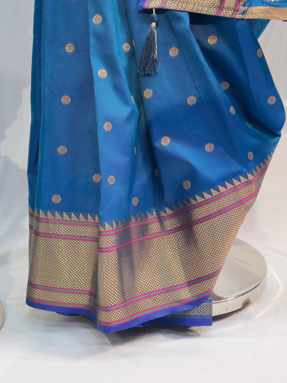 Peacock Blue Soft Silk Saree with Flower Butti & Narali Border
