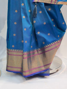 Peacock Blue Soft Silk Saree with Flower Butti & Narali Border