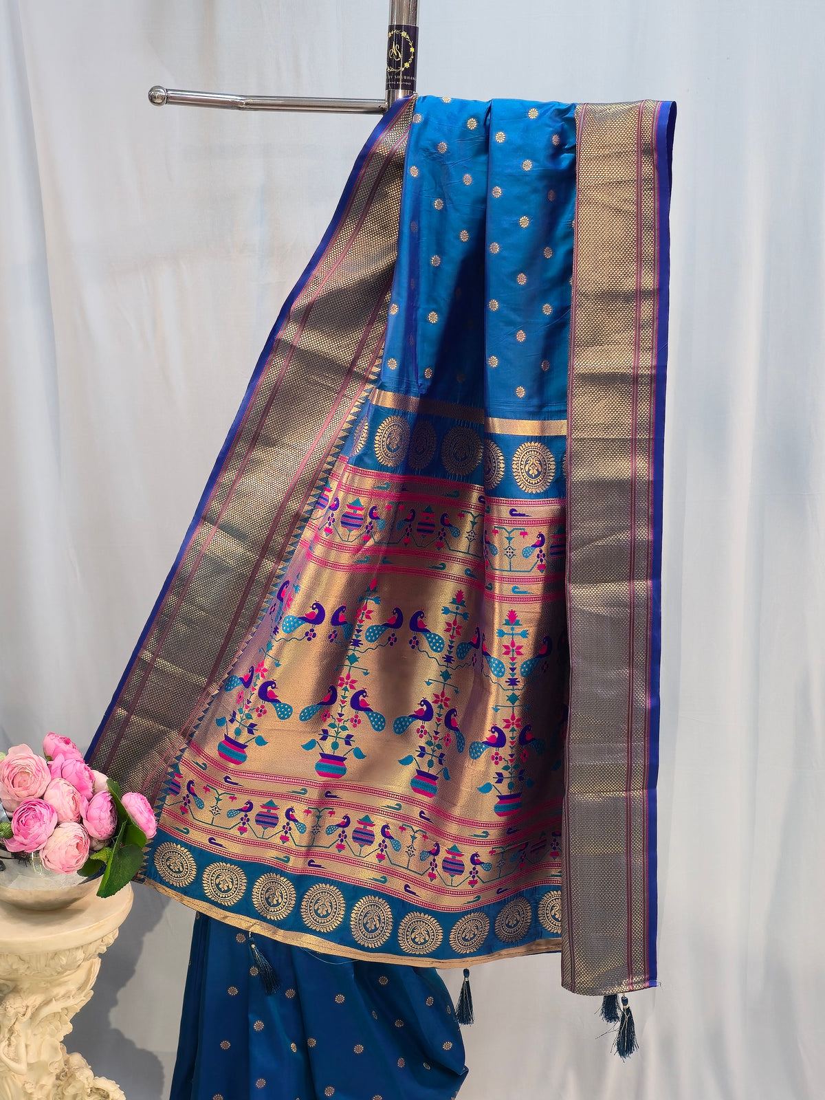 Peacock Blue Soft Silk Saree with Flower Butti & Narali Border