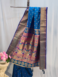 Peacock Blue Soft Silk Saree with Flower Butti & Narali Border