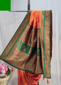 Saffron Soft Silk Saree with Flower Butti & Hatti Border