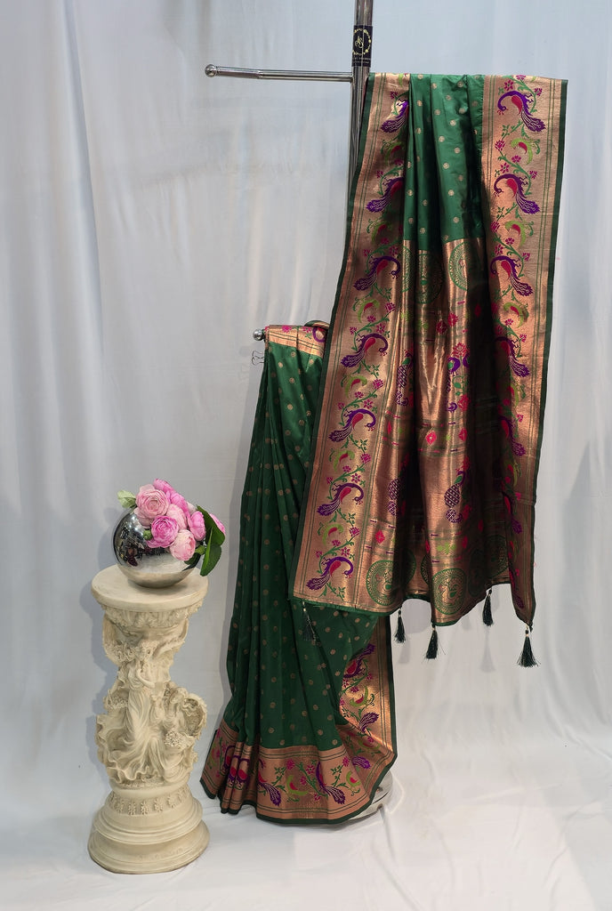 Bottle Green Soft Silk Saree with Flower Motif & Peacock Parrot Border