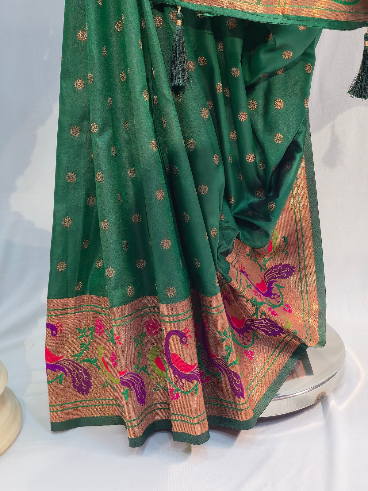 Bottle Green Soft Silk Saree with Flower Motif & Peacock Parrot Border