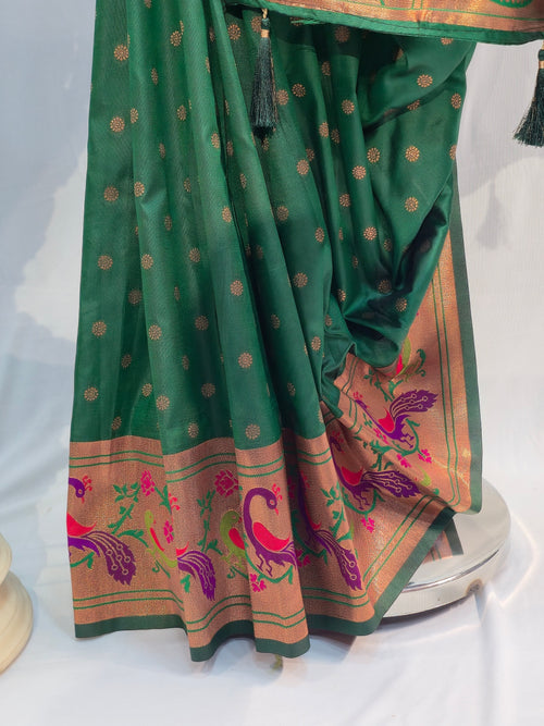Bottle Green Soft Silk Saree with Flower Motif & Peacock Parrot Border
