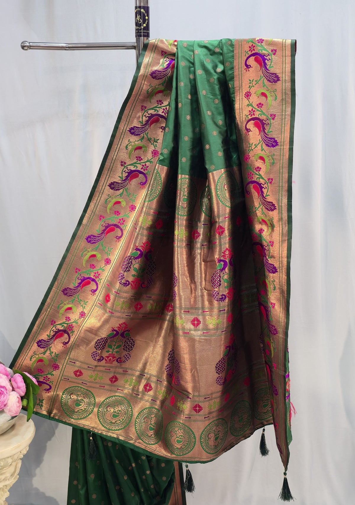 Bottle Green Soft Silk Saree with Flower Motif & Peacock Parrot Border