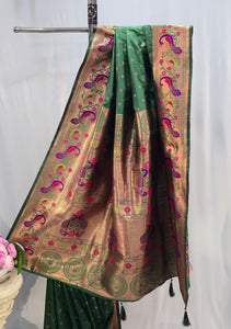 Bottle Green Soft Silk Saree with Flower Motif & Peacock Parrot Border