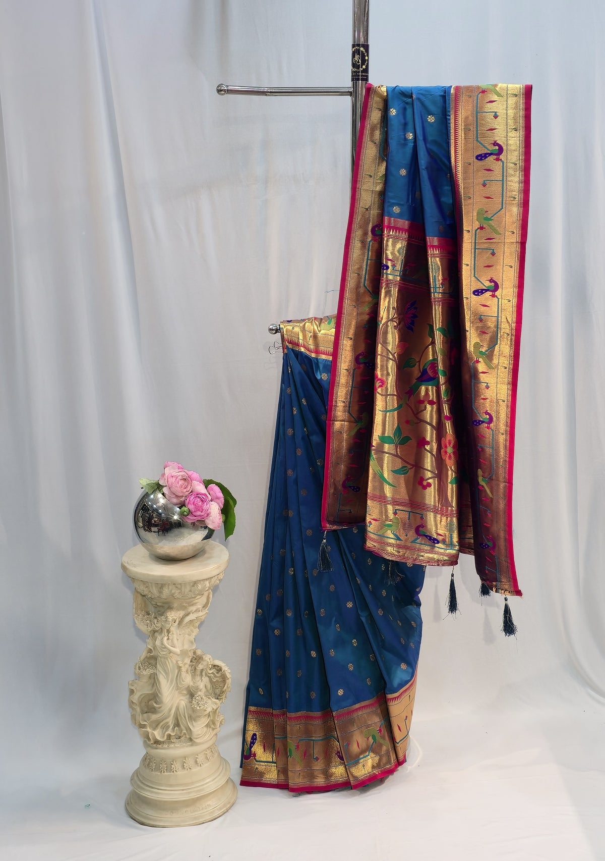 Peacock Blue Soft Silk Saree with Flower Motif & Mor Popat Border