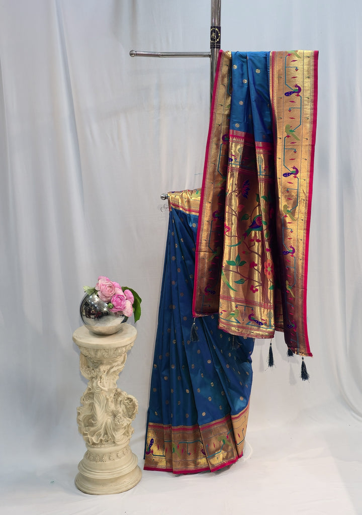 Peacock Blue Soft Silk Saree with Flower Motif & Mor Popat Border