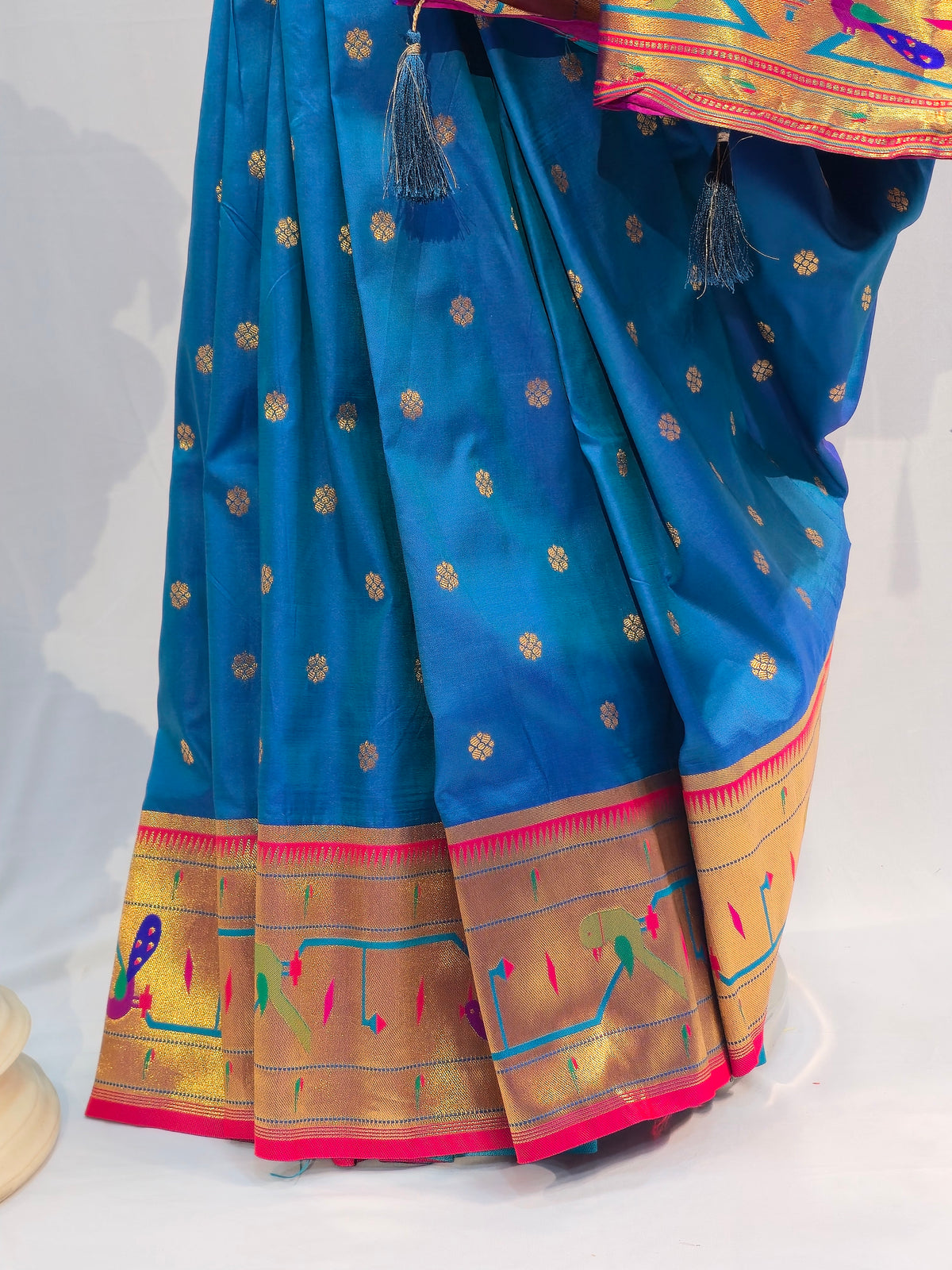 Peacock Blue Soft Silk Saree with Flower Motif & Mor Popat Border