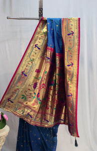 Peacock Blue Soft Silk Saree with Flower Motif & Mor Popat Border