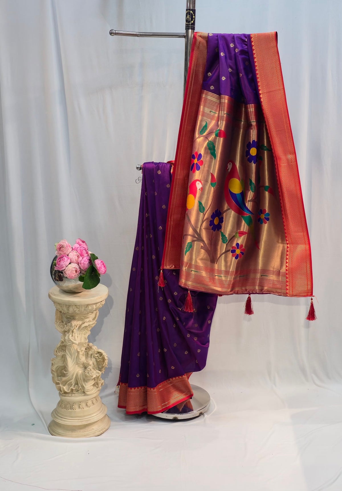 Purple Soft Silk Saree with Chatai Border & Leaf Butti