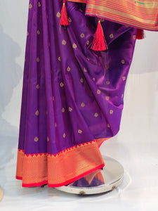 Purple Soft Silk Saree with Chatai Border & Leaf Butti
