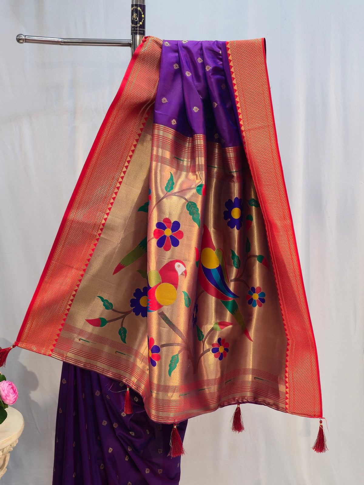 Purple Soft Silk Saree with Chatai Border & Leaf Butti