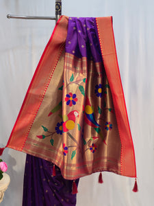 Purple Soft Silk Saree with Chatai Border & Leaf Butti