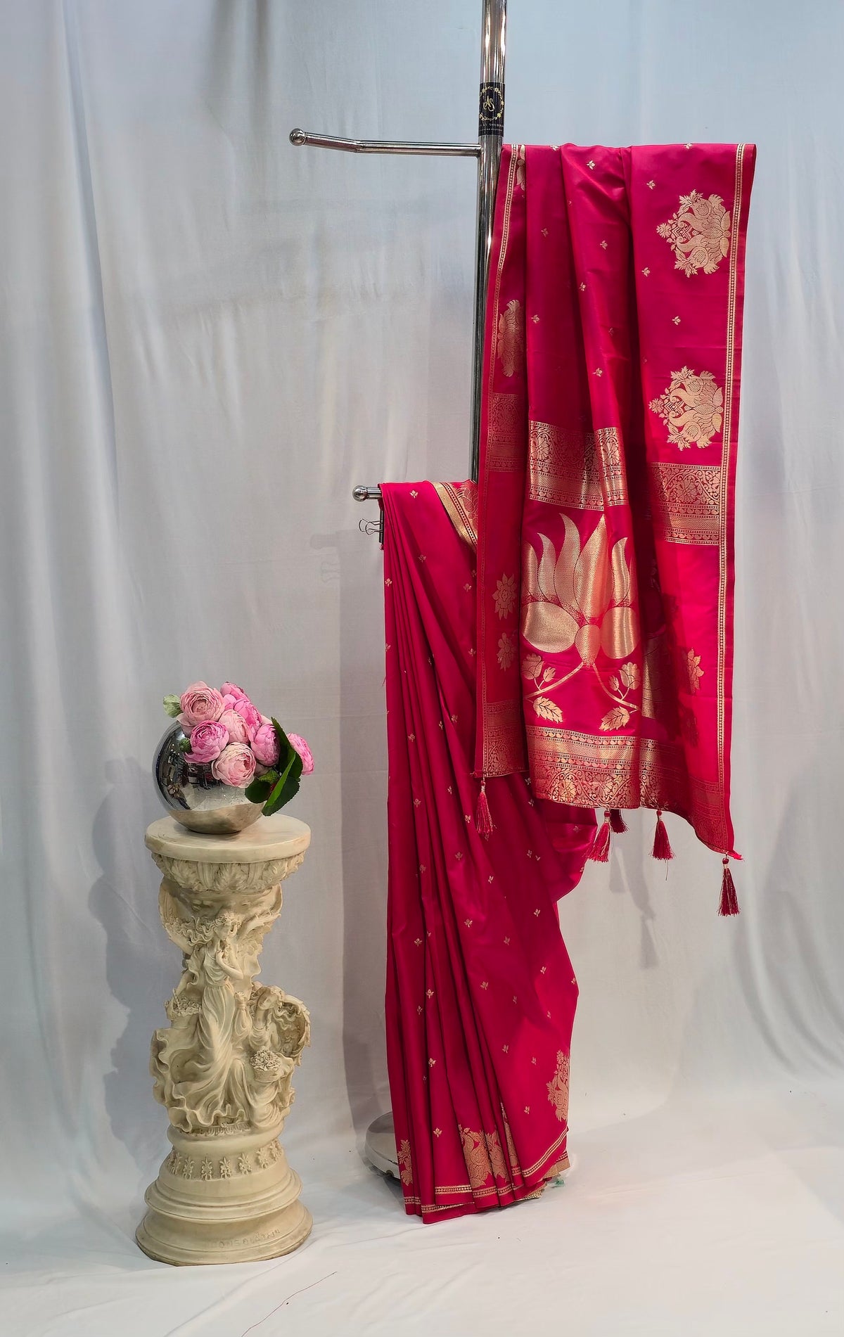 Crimson Soft Silk Saree with Peacock Motif & Open Border