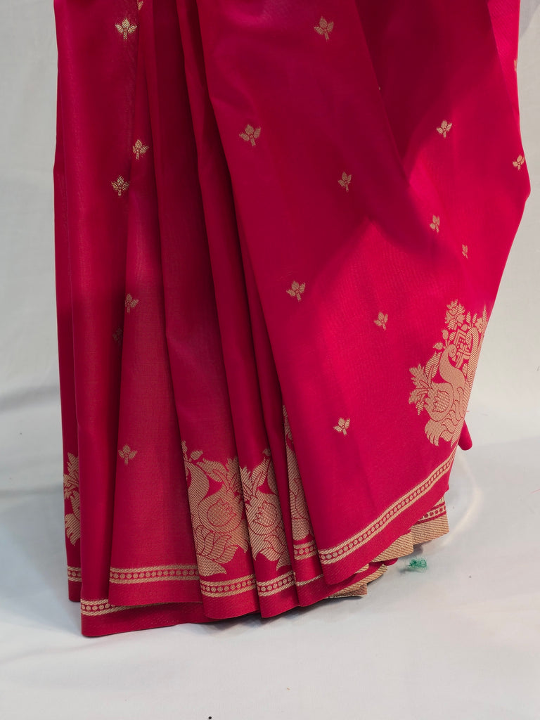 Crimson Soft Silk Saree with Peacock Motif & Open Border