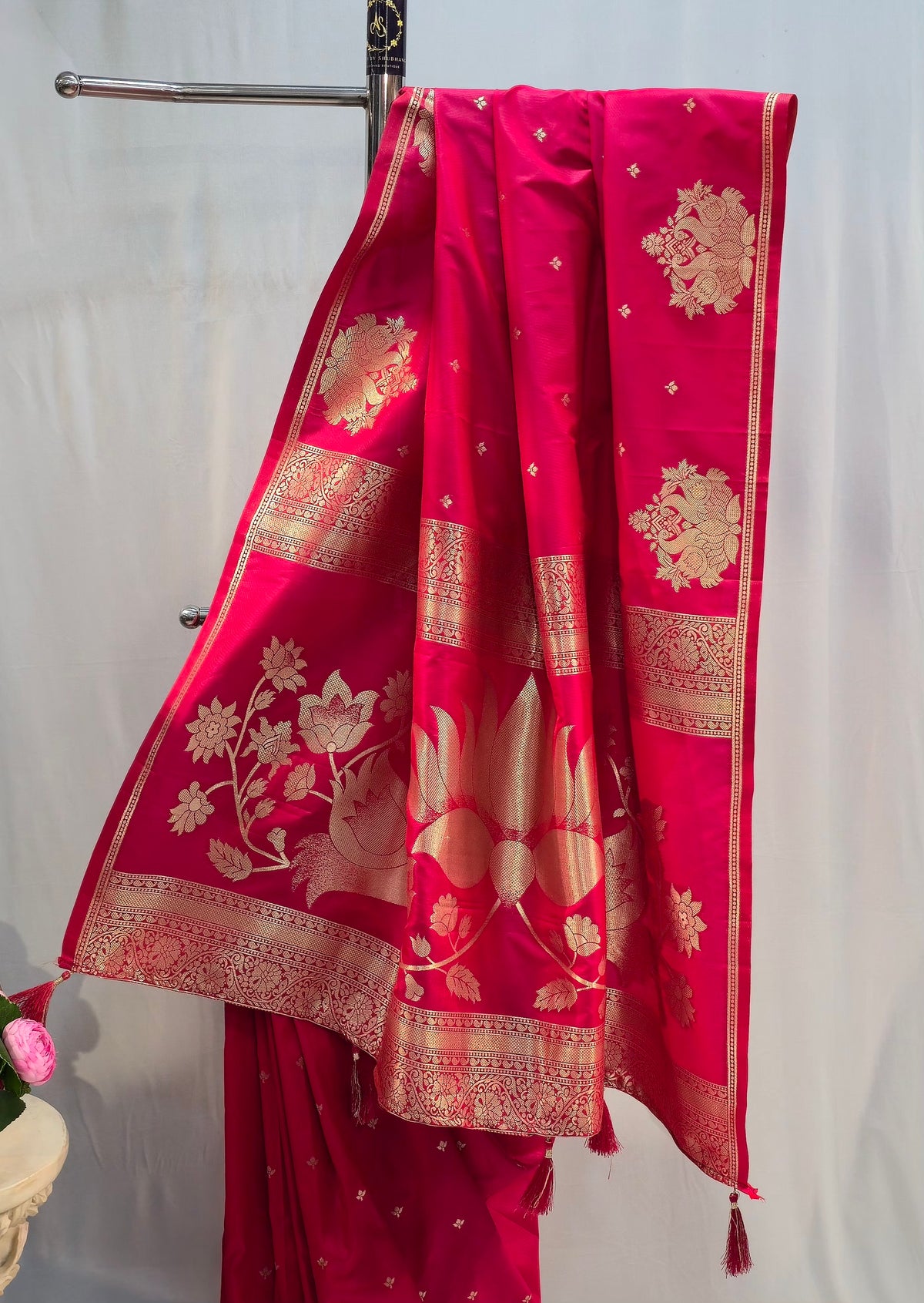 Crimson Soft Silk Saree with Peacock Motif & Open Border