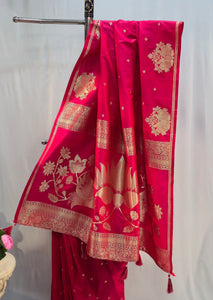 Crimson Soft Silk Saree with Peacock Motif & Open Border