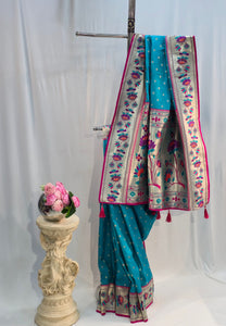 Peacock Green Soft Silk Saree with Flower Butti & Lotus Border
