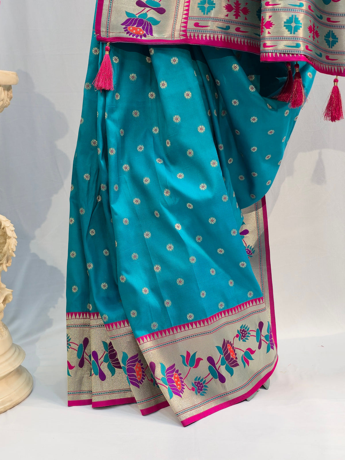 Peacock Green Soft Silk Saree with Flower Butti & Lotus Border