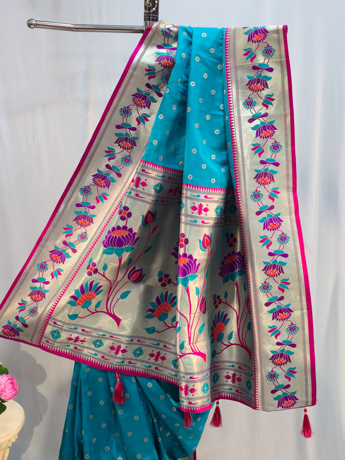 Peacock Green Soft Silk Saree with Flower Butti & Lotus Border